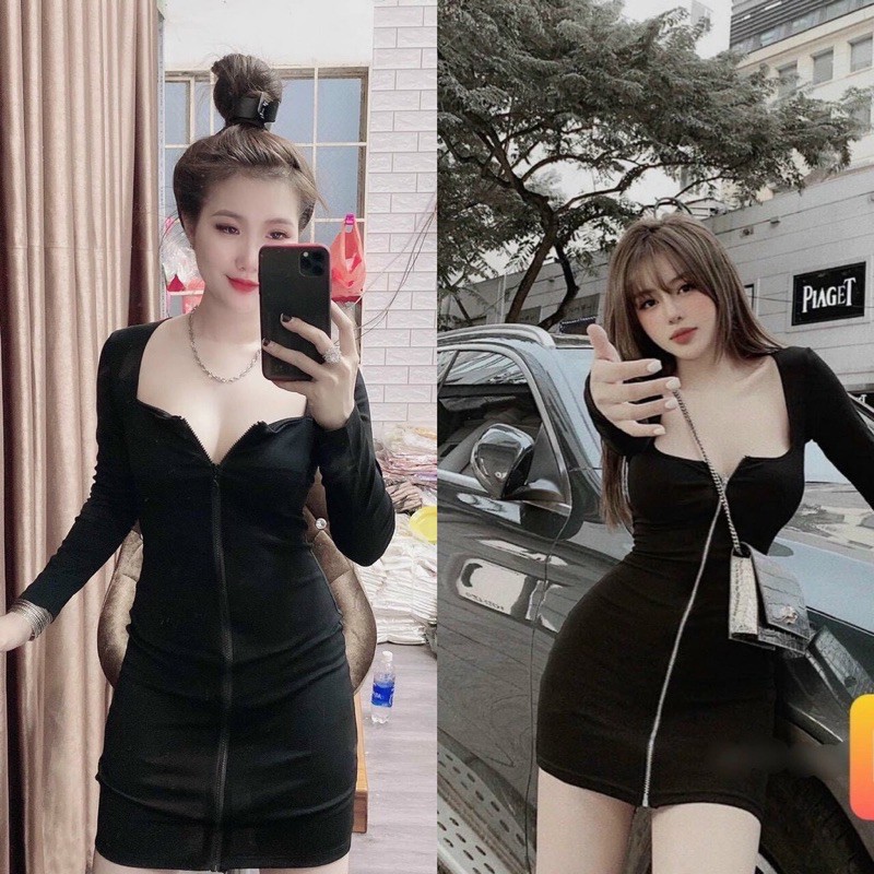 Váy Ôm Body Tay Dài Dây Kéo Màu Trơn Siêu Đẹp Free Size Dưới 54KG