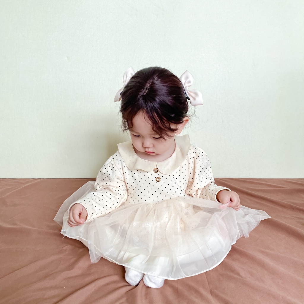 Bộ Áo Liền Quần Tay Dài Phối Lưới Chấm Bi Phong Cách Công Chúa Thời Trang Mùa Thu Cho Bé Gái