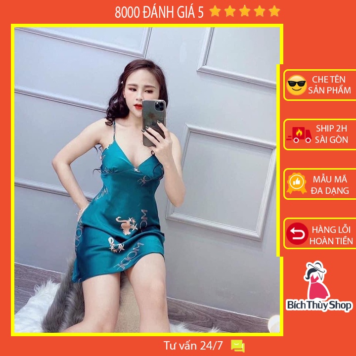 Váy ngủ lụa 2 dây hình hồng hạt xinh xắn có kèm mút ngực (màu xanh lá)