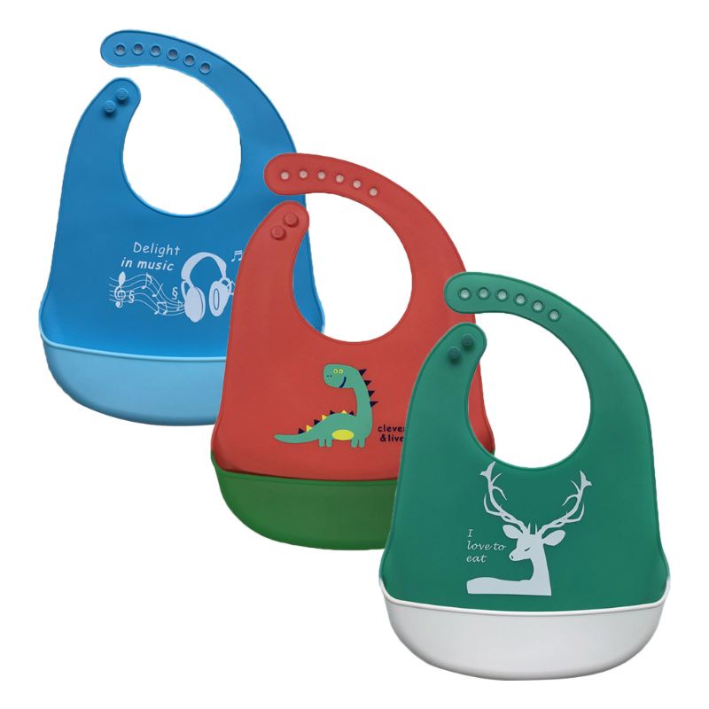 Yếm Ăn Bằng Silicon Mềm Hai Màu Chống Nước Họa Tiết Hoạt Hình Dễ Thương Cho Bé