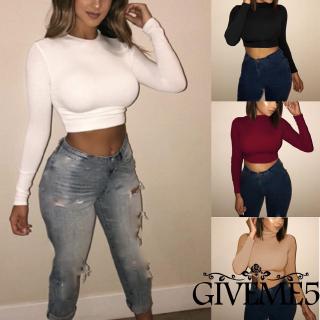 Áo Croptop Tay Dài Cổ Lọ Thiết Kế Màu Trơn Thanh Lịch