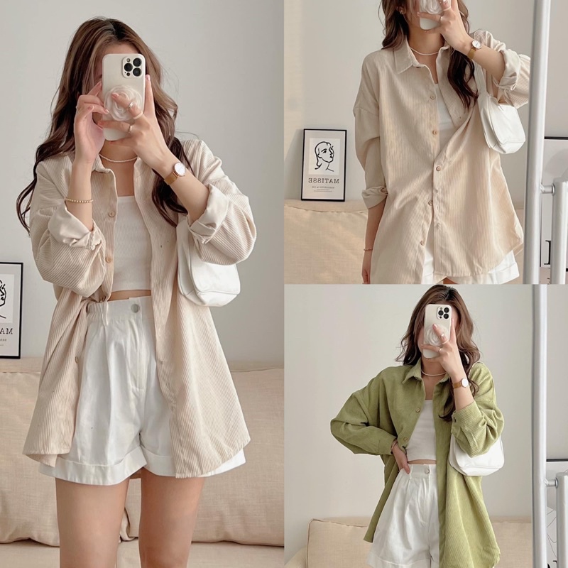[Anh that/Video] Áo Sơ Mi Nhung TĂM Unisex Form Rộng Ulzzang Hàn Quốc - Áo sơ mi nữ phong cách kiểu màu Vintage