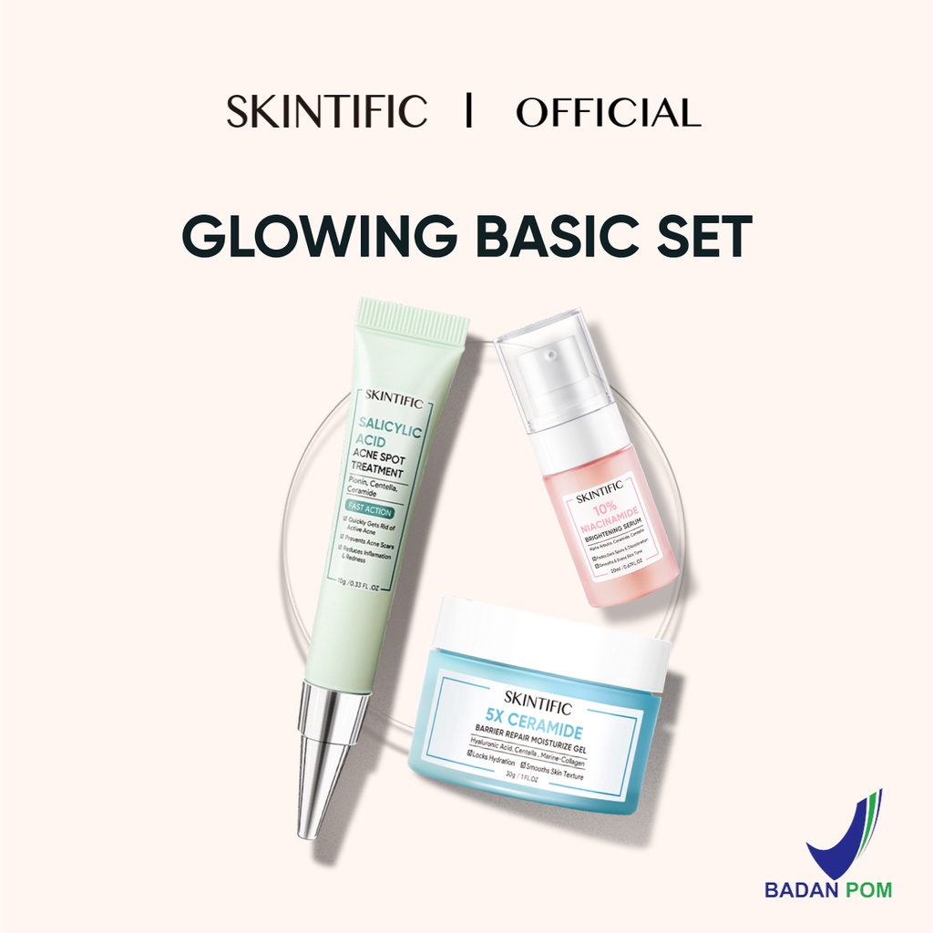 Combo Glowing Basic SKINTIFIC gồm Serum Niacinamide 20ml + Gel chấm mụn 10g + Kem dưỡng ẩm 5X 30g