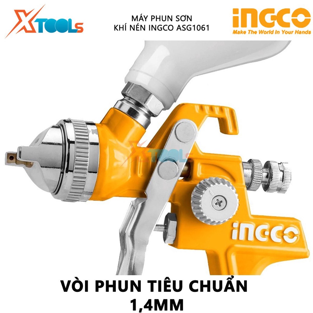 Máy phun sơn khí nén INGCO ASG1061 | súng phun sơn Vòi phun tiêu chuẩn 1,4mm, dung tích bình sơn 600cc phun sơn gỗ, sơn