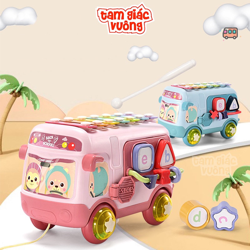 Xe kéo đồ chơi trẻ em nhiều màu sắc có đàn gõ 7 âm, lục lạc kêu tiếng, đồ chơi nhận biết hình học, chữ cái