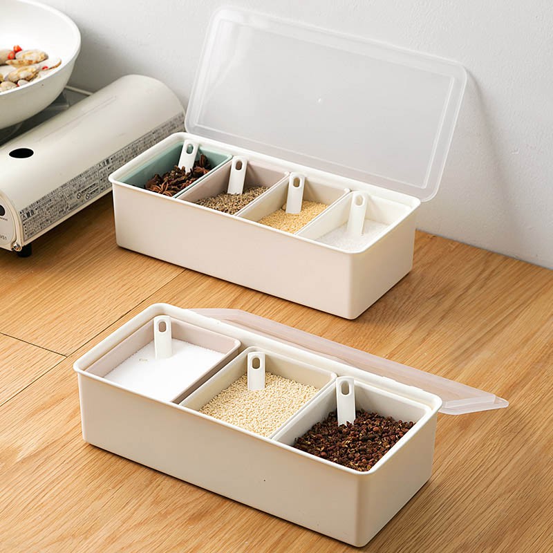 Bộ hộp đựng gia vị bằng nhựa trong suốt gồm bốn ngăn đơn giản phong cách Nhật Bản