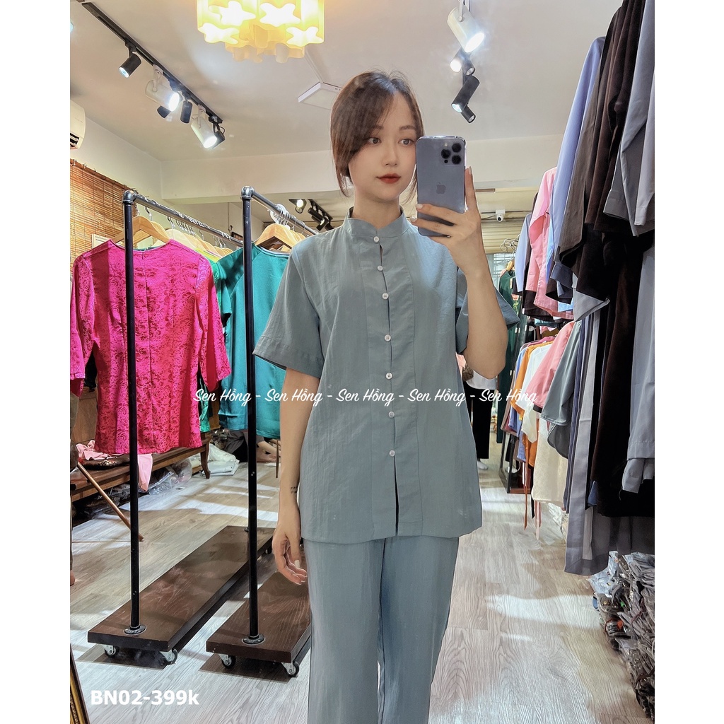 bộ quần áo Phật tử vải đũi Nhật có độ thô nhẹ - cổ tàu cao truyền thống, cúc nhựa dễ cài, áo lam đi chùa nam nữ BN02