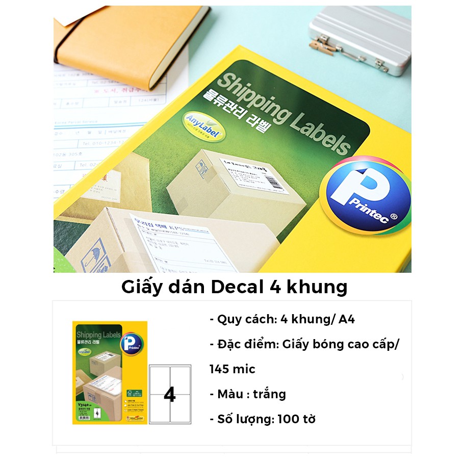 Giấy nhãn dán Decal in mã vạch, vận đơn A4 printec 4 khung 100 tờ V3140-100