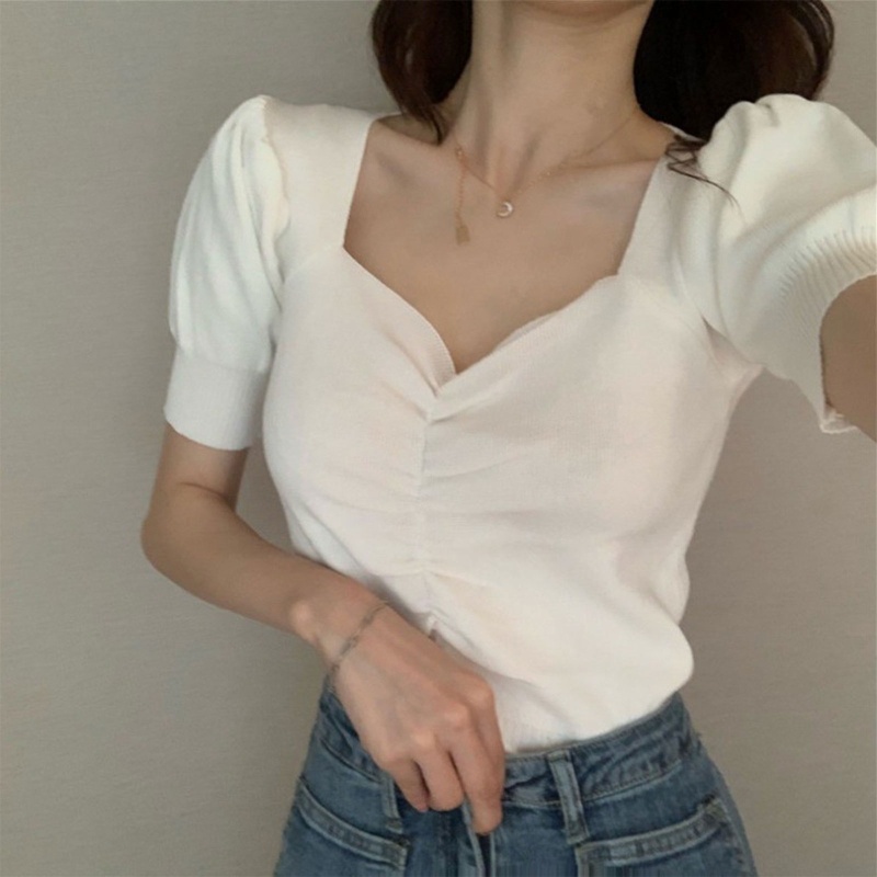 Áo Croptop Dệt Kim Tay Ngắn Cổ Chữ V Màu Sắc Thanh Lịch