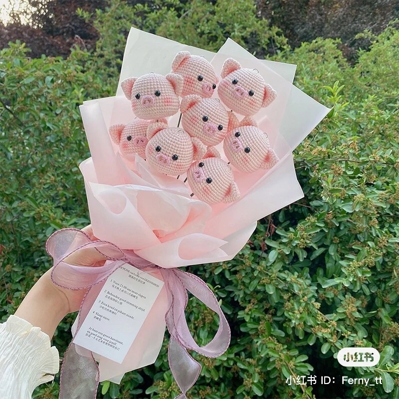 Bó hoa len handmade-Đầu thú bông