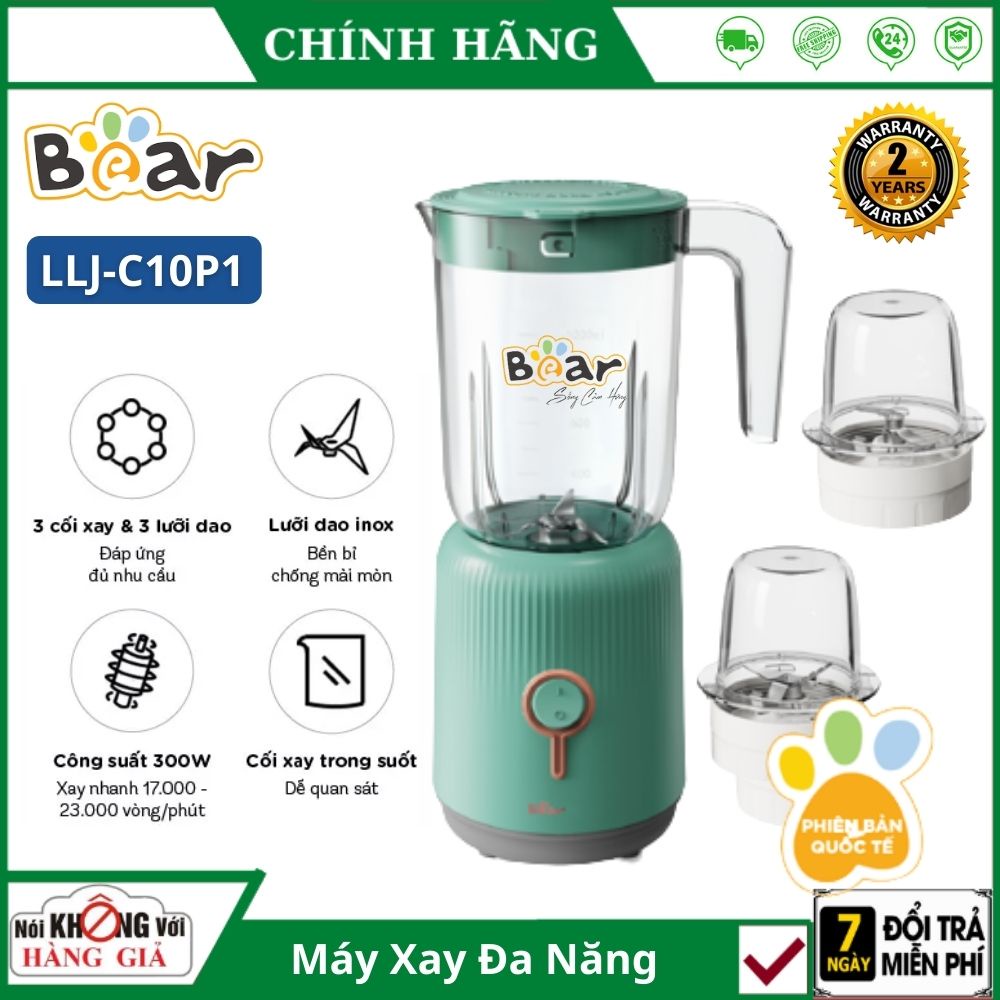 Máy Xay Đa Năng Bear LLJ C10P1 (BL-B10V2) , Xay Ăn Dặm Cho Bé , Xay Thịt Tỏi Ớt Sinh Tố Mini 3 Cối Thủy Tinh Nội Địa