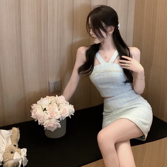 Set Áo Hai Dây Ngắn Màu Xanh Lá + Chân Váy Lưng Cao Ôm Dáng Phong Cách Hàn Quốc Thời Trang Mùa Hè Mới Cho Nữ