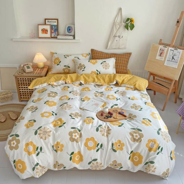 Bộ Chăn Ga Gối Hoa Vàng Xám Cotton Poly