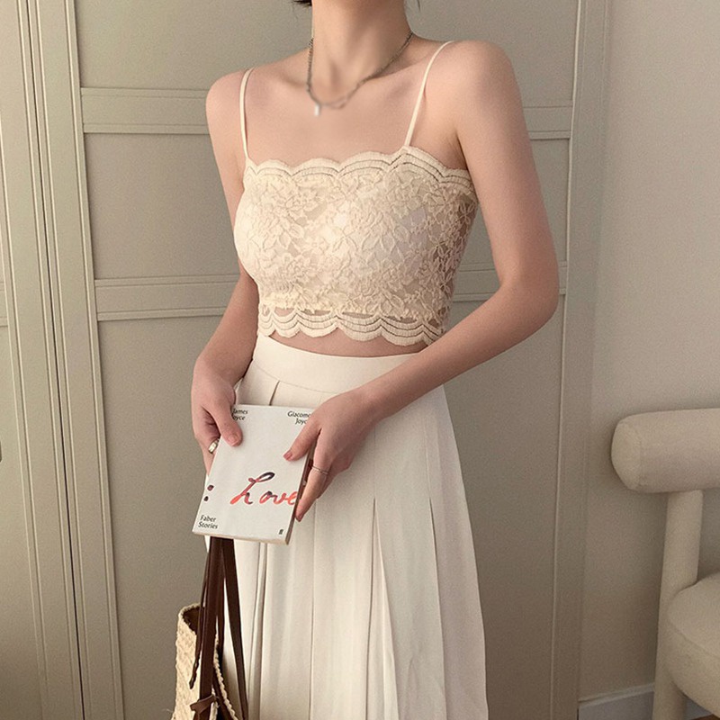 Áo Tank Top Hai Dây Có Mút Đệm Ngực Dáng Ôm Phối Ren Thời Trang Quyến Rũ Cho Nữ
