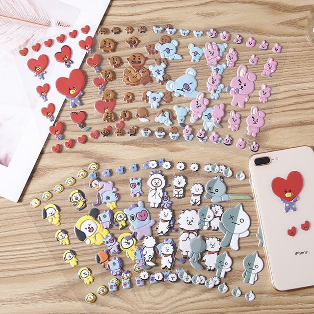 Sticker 3D NỔI BT21 Tata Cooky Shooky Mang Koya Chimmy RJ VAN