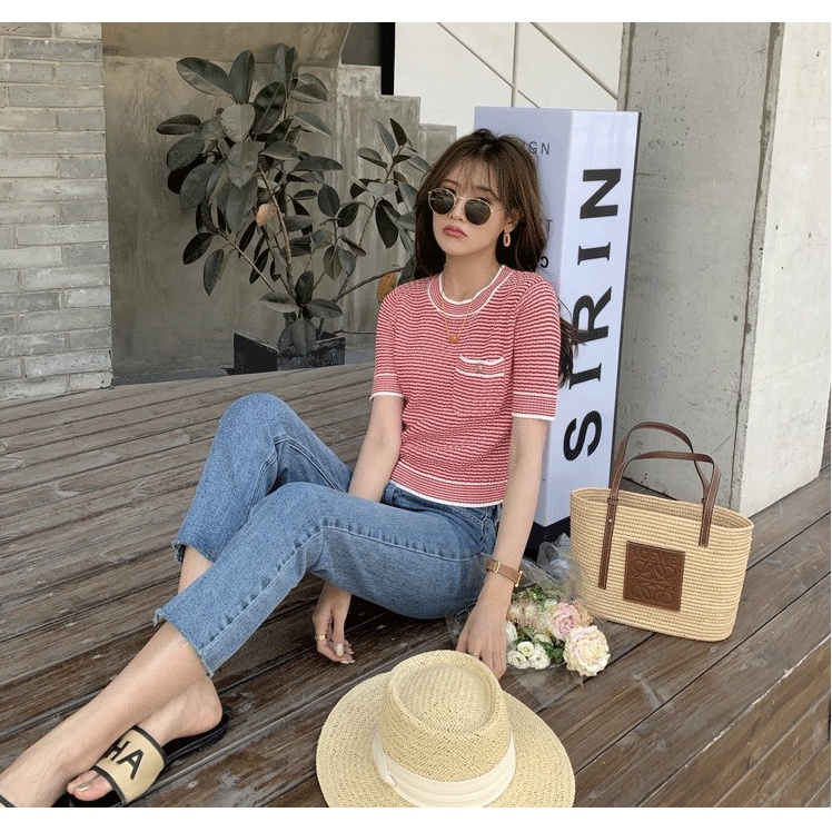 Áo Thun Dệt Kim Tay Ngắn Dáng Ôm Đơn Giản Phong Cách Hàn Quốc Cho Nữ