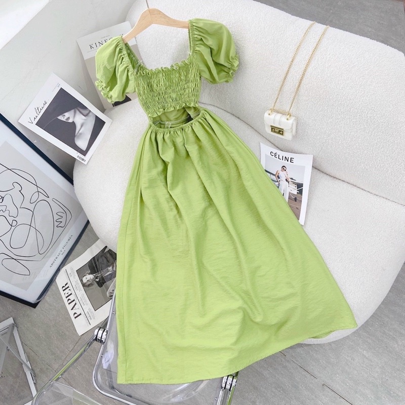 ĐẦM MAXI XANH NHÚN XẾP NGỰC BO THUN SAU XẺ TÀ | BigBuy360 - bigbuy360.vn