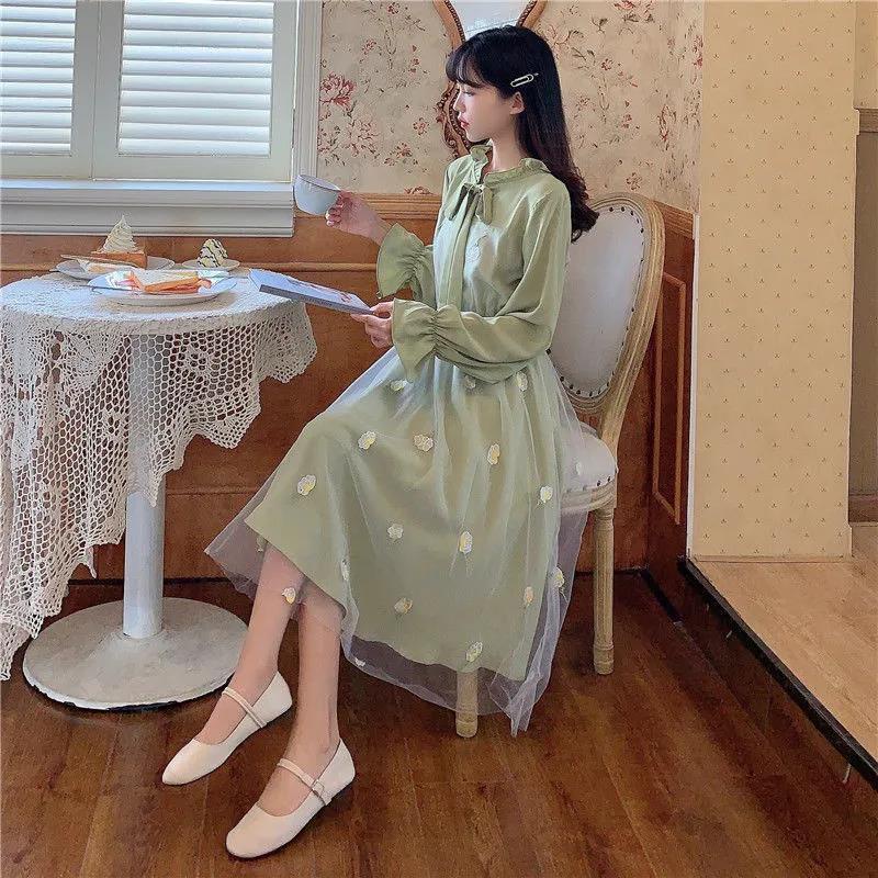 Váy thanh lịch tiểu thư dài tay thiết kế khâu lưới tươi mát ngọt ngào phong cách hàn quốc xuân thu Đầm nữ