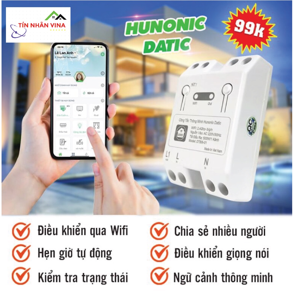 Công tắc thông minh điều khiển từ xa Hunonic Datic, công tắc Đatic điều khiển thiết bị qua app điện thoại và giọng nói