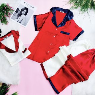 PHI LỤA PIJAMA QUẦN DÀI TAY NGẮN PHỐI