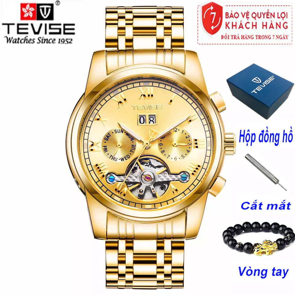 [TẶNG CHỐT, VÒNG TAY] Đồng Hồ Nam Chạy Cơ Automatic TEVISE 9005 Dây Thép Cao Cấp (FULL VÀNG)