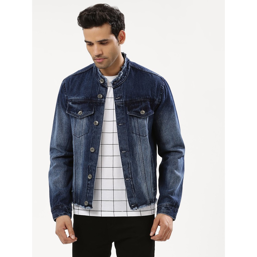 Pass Áo khoác Jeans xanh không cổ