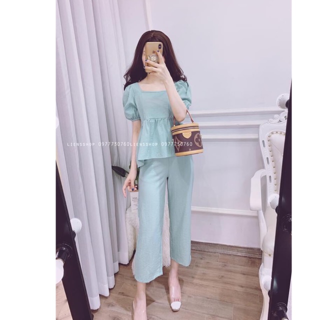 Sét bộ đũi quần ống rộng cổ vuông tay bồng sang chảnh | BigBuy360 - bigbuy360.vn