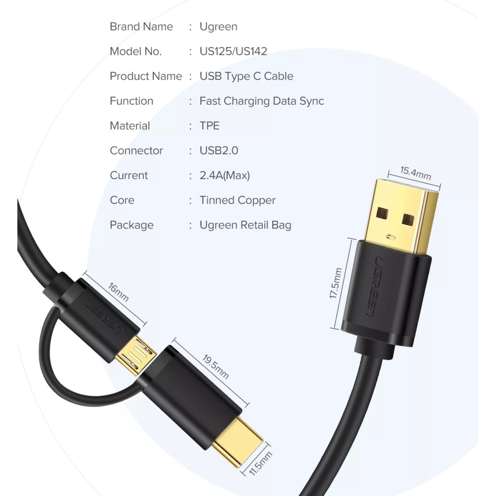 Cáp Sạc UGREEN 2 in 1 Micro USB and USB Type C - Sạc Nhanh QC 3.0 , Truyền dữ liệu - Dài 2m