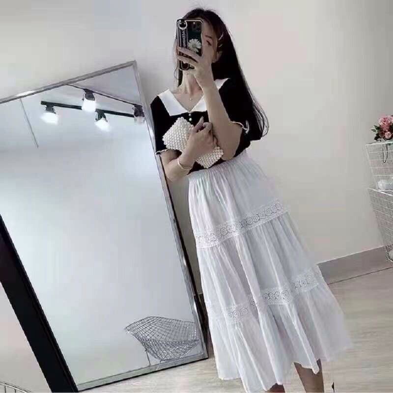 Chân váy đũi tơ phối ren hai tầng hàng QC