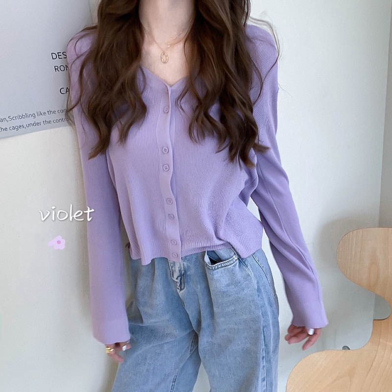 SUXI Áo cardigan đan tay dài cổ chữ V dáng thoải mái phong cách mùa hè