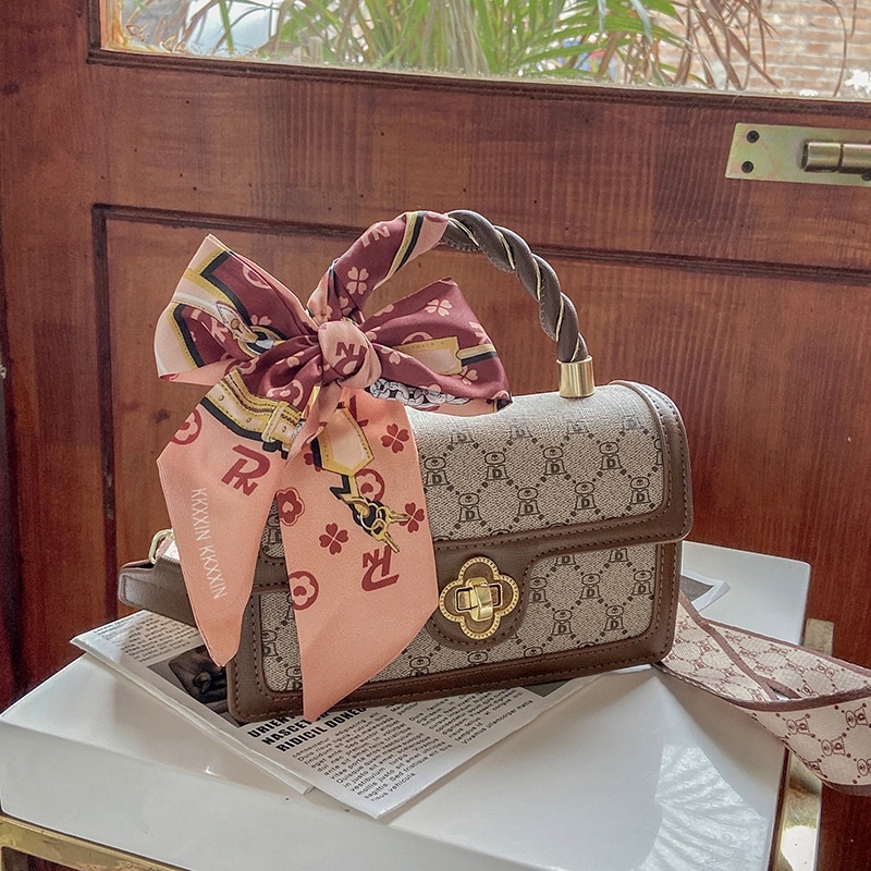 Túi xách Guc.ci kèm khăn sang trọng, giỏ xách nữ gucci nâu phối khăn có dây đeo. Túi xách nữ