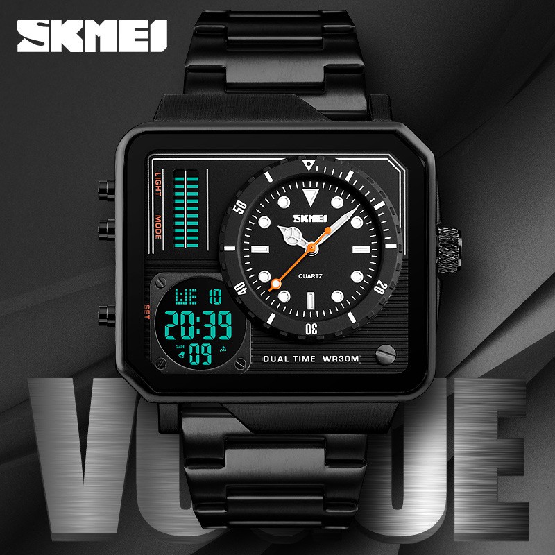 Đồng hồ nam dây thép không gỉ thể thao Skmei 1392 2 múi giờ độc đáo (Black & Silver)