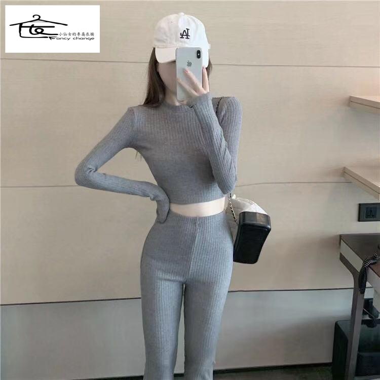 Set Áo Sơ Mi Màu Đen Xám Phối Quần Dài Lưng Cao Ống Loe Thời Trang Cao Cấp