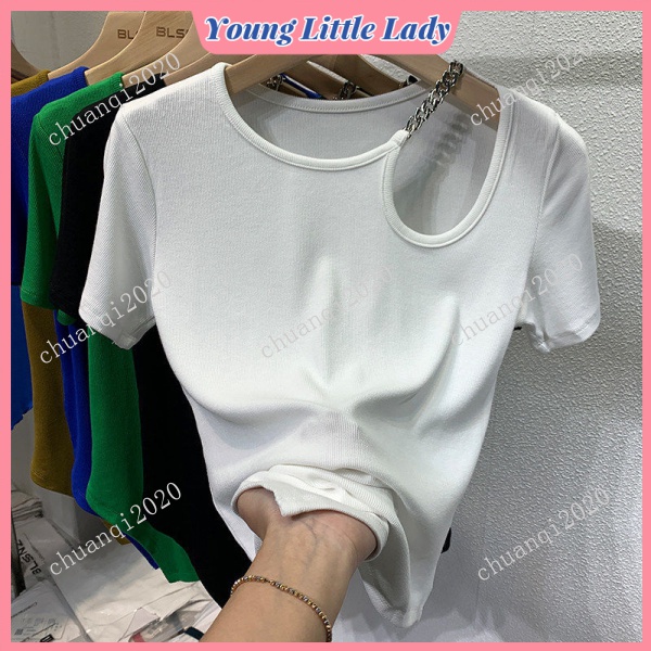 Irregular Klein Blue Short-Sleeved T-shirt Women's Design Sense Niche New Style Short Summer Collarbone Hollow Top Fashion