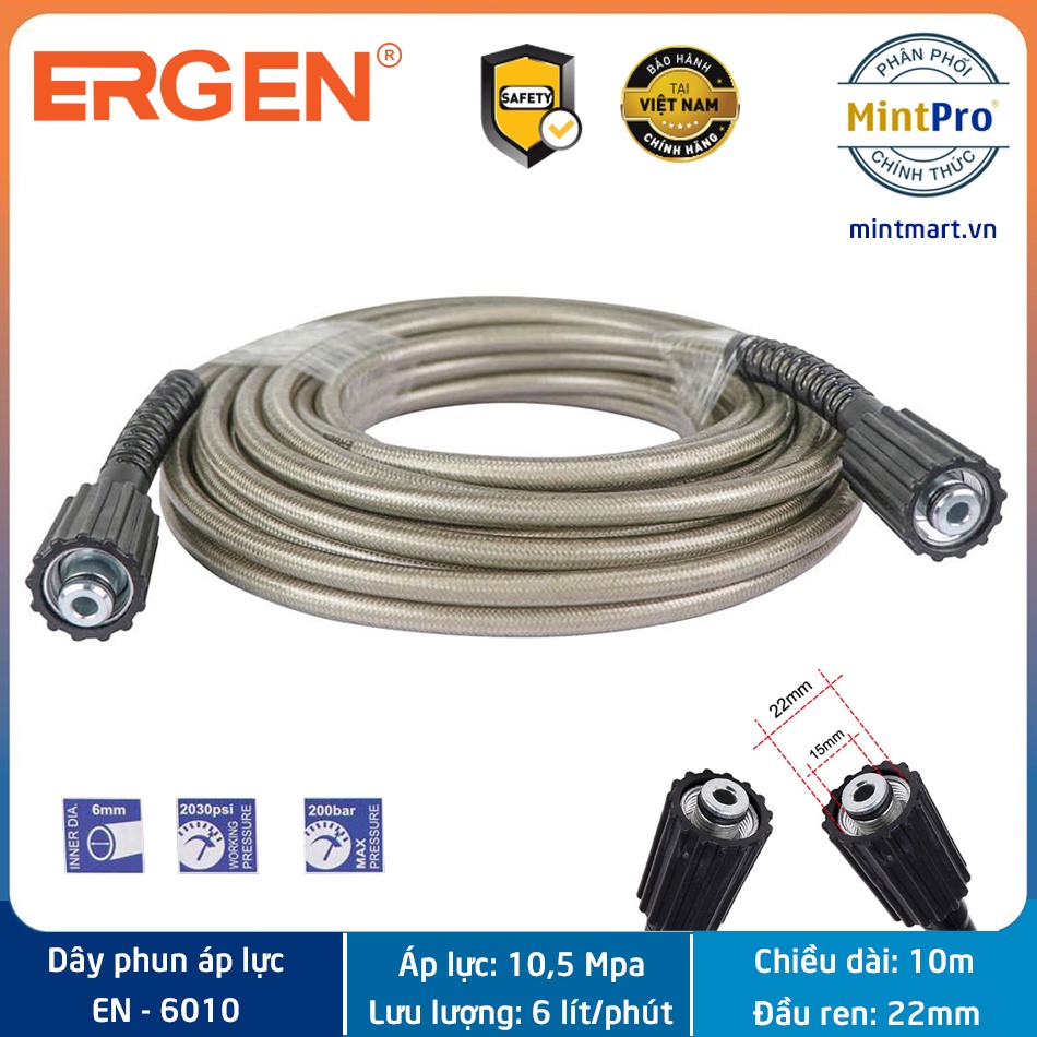 Dây phun xịt cao áp Ergen cuộn dây áp lực nối dài 10m dành cho các dòng máy rửa xe có đầu ren 22mm