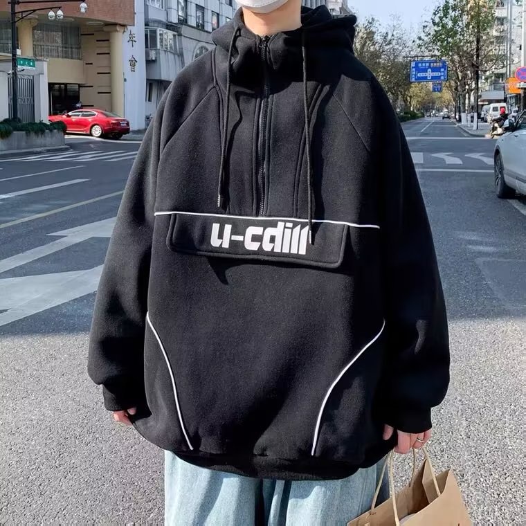 Áo hoodie nỉ dáng rộng phối khóa kéo