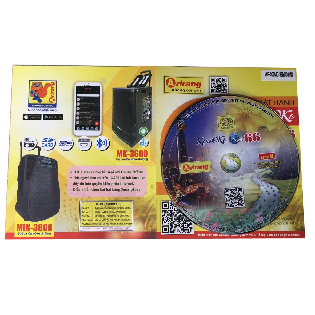 Đĩa Karaoke Arirang mới nhất Vol 66  + Sách list nhạc