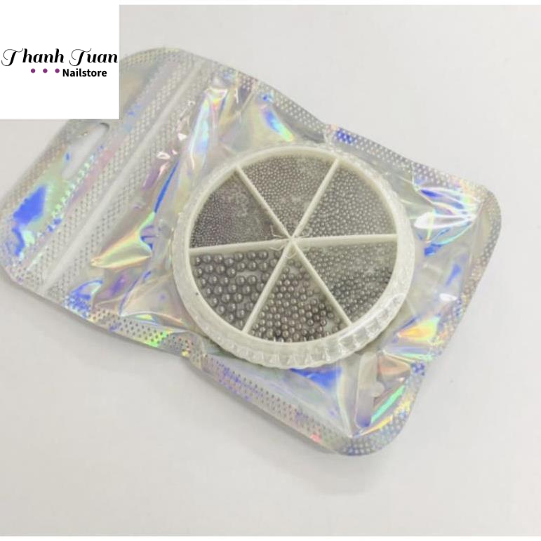 Set bi trang trí móng kim loại khay tròn 6 ngăn Mix Size  - Phụ kiện đồ nail