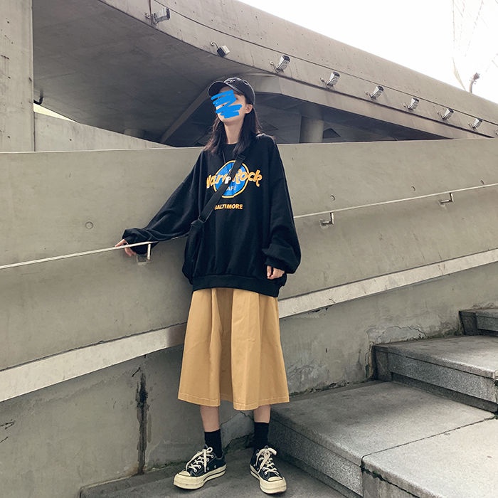 ZHELIHANGFEI Áo Nỉ Dài Tay Cổ Tròn Form Rộng Họa Tiết Chữ Phong Cách Học Sinh