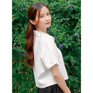 Áo sơ mi linen nữ croptop lửng basic vintage Ulzzang