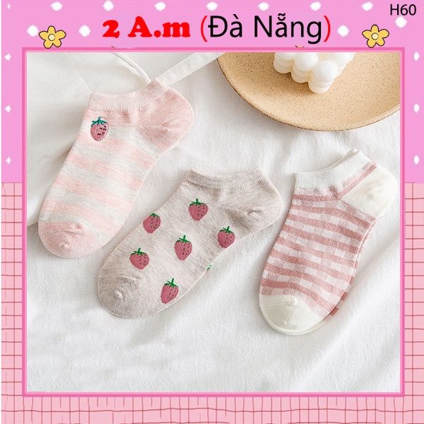 Tất Vớ Cổ Ngắn Nữ Họa Tiết Trái Dâu Dễ Thương Vải Cotton Màu Blink Đẹp Thời Trang