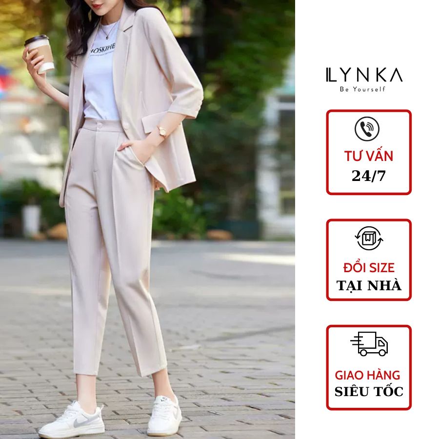 Vest blazer nữ tay dài, quần baggy nữ cạp cao, blazer nữ thiết kế một lớp chất tuýt xi Hàn Lynka FS315
