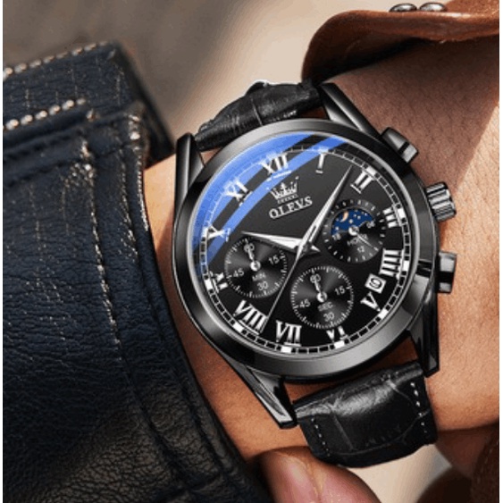 Đồng hồ nam dây da OLEVS 6 kim chống nước, mặt kính cường lực chống xước hiển thị lịch Nhật Nguyệt phong cách Thụy Sĩ | BigBuy360 - bigbuy360.vn