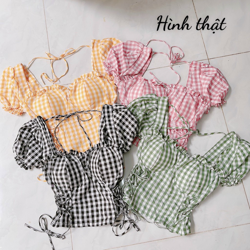 Áo kiểu cổ U caro phối dây rút 2 bên kèm mút ngực cực xinh , chất kate mềm mịn mát