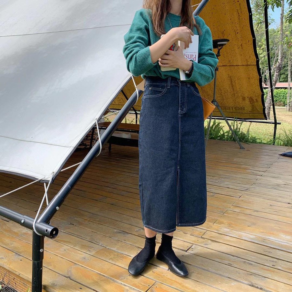 Chân váy jeans dài xẻ _ V0009