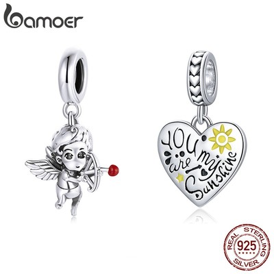 Phụ Kiện Hạt Trang Sức Bamoer Dùng Làm Vòng Đeo Tay / Dây Chuyền Diy bạc 925 Hình Thần Cupid Và Trái Tim Tình Yêu