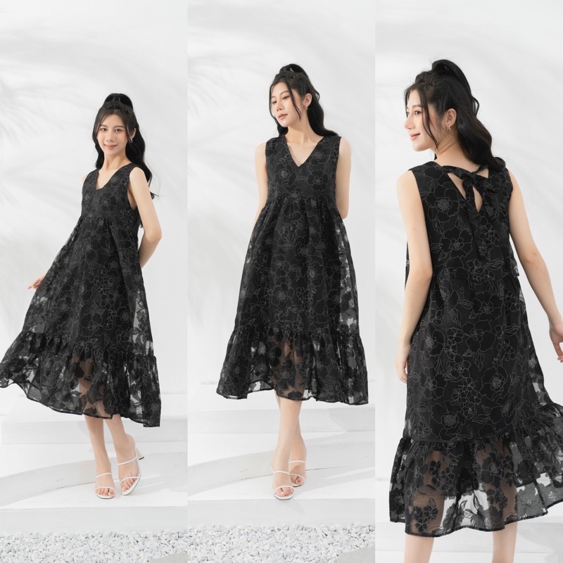 Đầm Ren Organza Nơ Sau Dáng Suông Đuôi Cá Thắt Nơ Sau