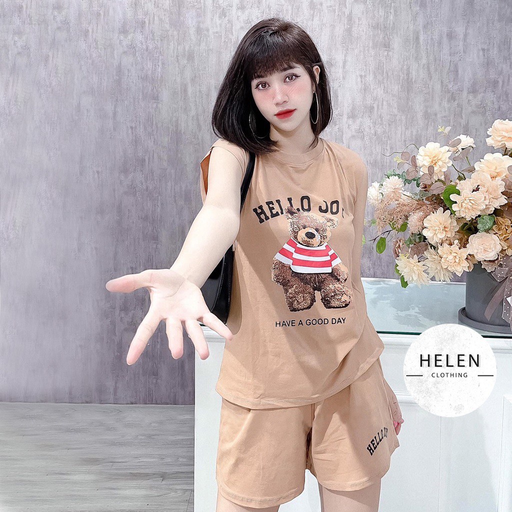 Bộ đồ nữ mặc nhà sát nách, bộ mặc nhà Bigsize hình gấu vải cotton co giãn bao đẹp tpp454 mới