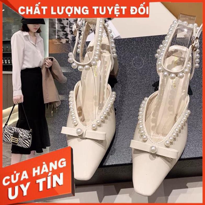 ĐẸP ĐỘC LẠ Giày cao gót sandal nữ mũi nhọn vuông hở gót đính hạt ngọc nơ da sần SIÊU HOT