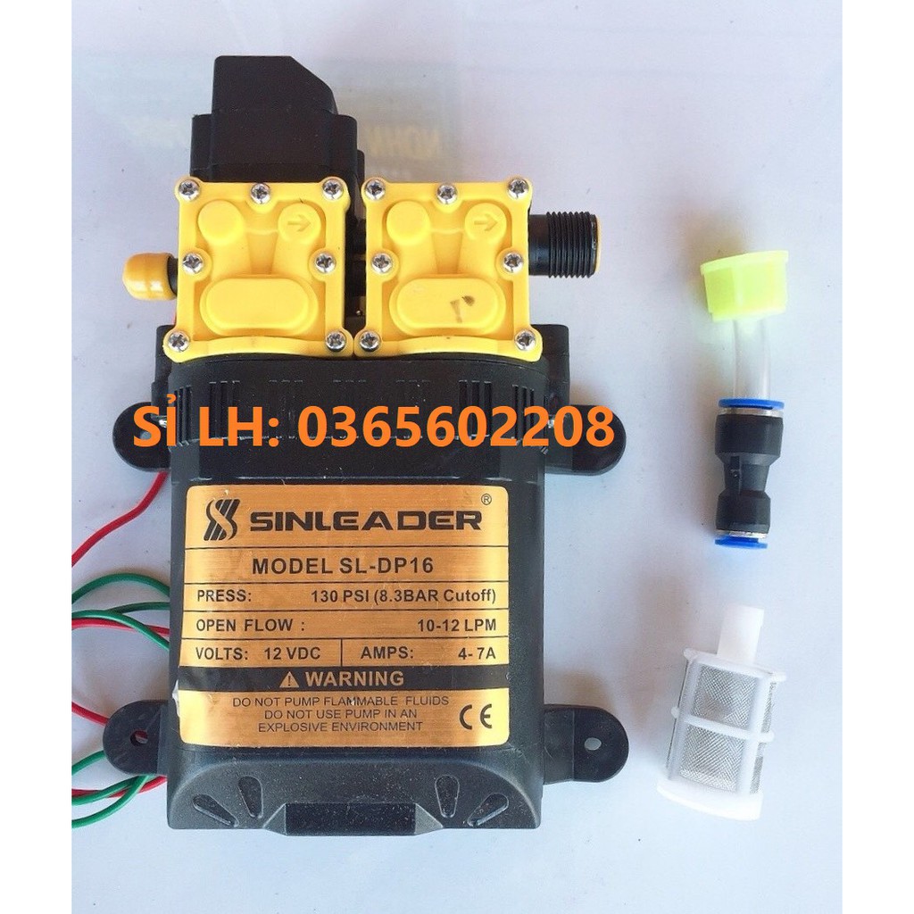 Máy bơm đôi 12V, CS bơm 10-12 lít trên phút, hiệu SINLEADER, gồm lọc cặn rác và nối nhựa chuyển từ đầu ren ra ống 8mm